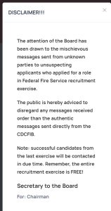 CDCFIB official message against scammers. 