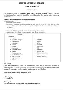 Deeper Life Job Vacancy Adverts 2025/2026