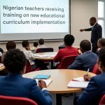 Nigerian Teacher Training WorkshopDescription: Professional photo of Nigerian teachers attending a curriculum training workshop. The scene shows educators of various ages taking notes while an instructor presents the new curriculum on a projection screen. The setting is a conference room with participants seated at round tables, notebooks and materials visible. The atmosphere conveys professional development and educational progress. Alt Text: "Nigerian teachers receiving training on new educational curriculum implementation" Keywords: Teacher training Nigeria, curriculum implementation, professional development, Nigerian education